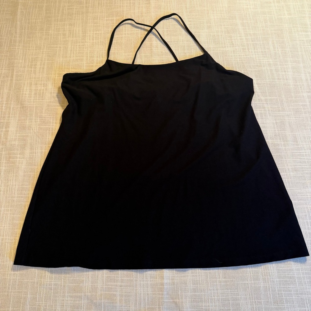 Eileen Fisher Black Strappy Cross Back Cami Top with Shelf Bra XL Made in USA